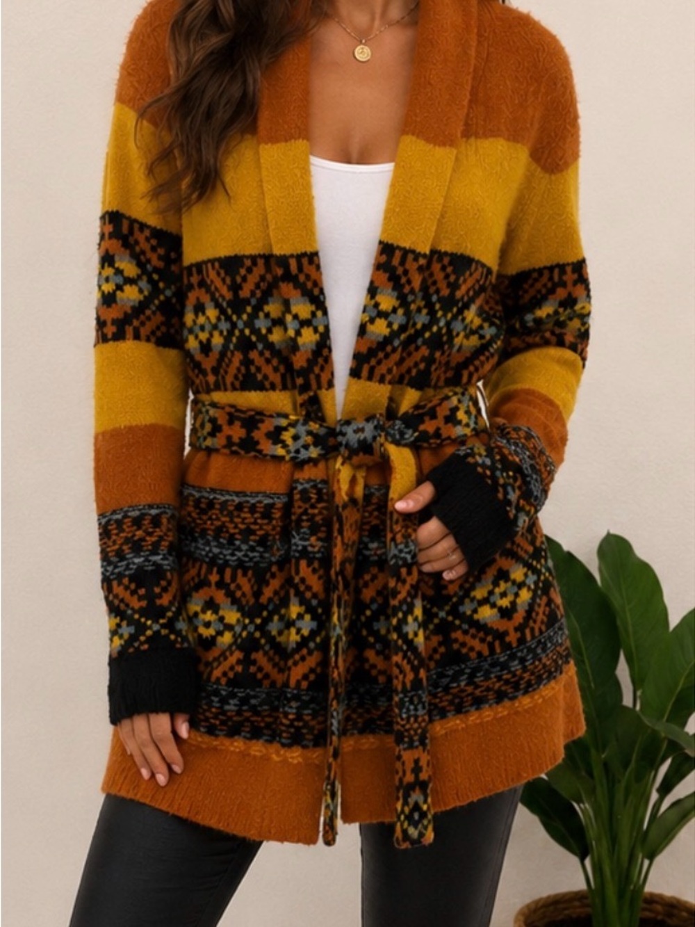 Idyllwind Mustard & Rust Fair Isle Belted Cardigan